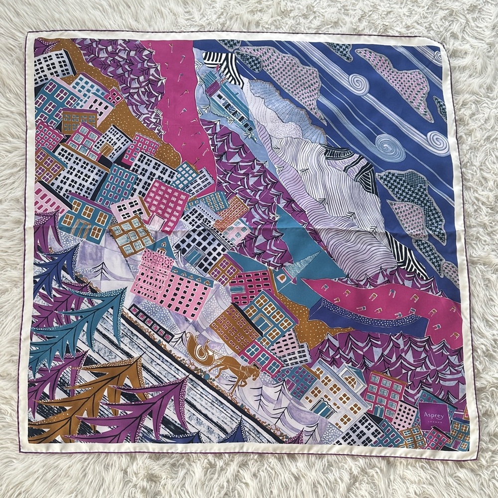 Asprey London Silk Square Scarf Winter Scene Ski Mountains Town Horse 34”